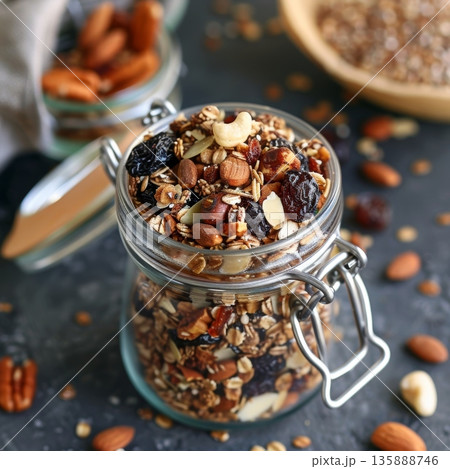 A jar of homemade buckwheat granola featuring s of oats nuts and dried fruit and the nutritional benefits of including buckwheat in breakfast 135888746