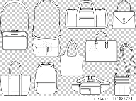 Illustration set of various bags - monochrome line drawings 135888771