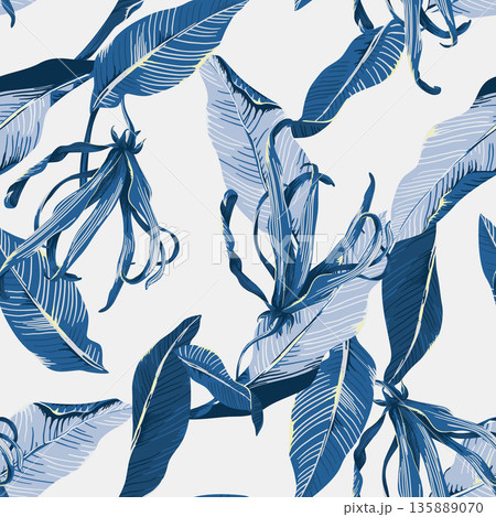Floral seamless pattern, hand drawn Cananga odorata flowers with leaves in blue tone 135889070