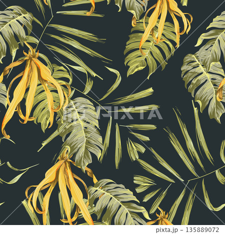 Floral seamless pattern, hand drawn various leaves and Cananga odorata on dark blue Floral seamless pattern, hand drawn various leaves and Cananga odorata on dark blue 135889072