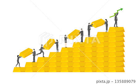 Business Teamwork Building Wealth with Gold Bars and Financial Growth Success Concept 135889079