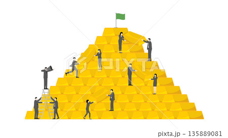 Leadership and Teamwork Concept. Business Manager Directing Team to Build a Pyramid of Gold Bars for Wealth and Success 135889081