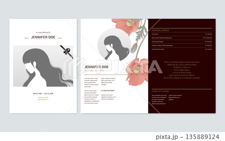 Floral memorial and funeral invitation card template design, poppy flowers, brown tone 135889124