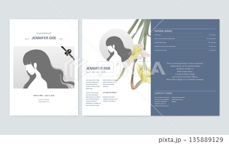 Floral memorial and funeral invitation card template design, Daffodil flowers, blue tone 135889129