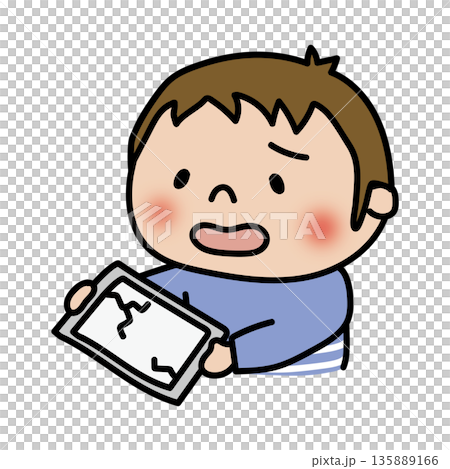 A boy showing a broken tablet 135889166
