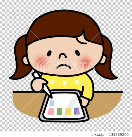 タブレット学習で困っている子供（女の子） 135889206
