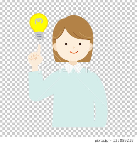 Illustration of a smiling woman pointing at a light bulb - Ideas, proposals, solutions Illustration of a smiling woman pointing at a light bulb - Ideas, proposals, solutions 135889219