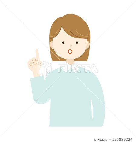 人差し指で上を指して驚いた表情の女性の上半身イラスト素材 発見・注意 人差し指で上を指して驚いた表情の女性の上半身イラスト素材 発見・注意 135889224
