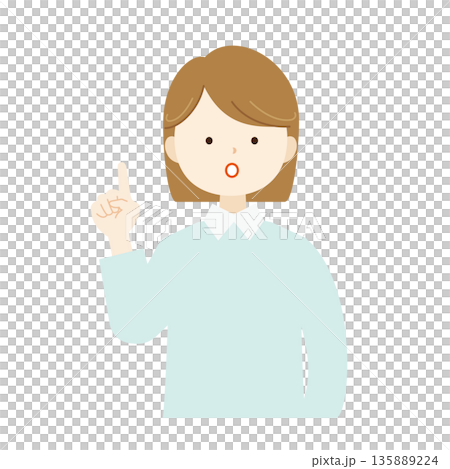 人差し指で上を指して驚いた表情の女性の上半身イラスト素材 発見・注意 人差し指で上を指して驚いた表情の女性の上半身イラスト素材 発見・注意 135889224