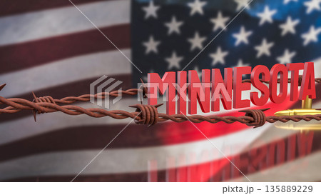 Minnesota State Name with Barbed Wire and Bullet Concept 3d render. Minnesota State Name with Barbed Wire and Bullet Concept 3d render. 135889229