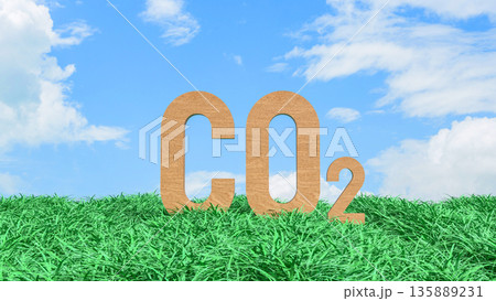 Carbon Dioxide CO2 Emissions Concept in Green Grass Field 3d render. Carbon Dioxide CO2 Emissions Concept in Green Grass Field 3d render. 135889231