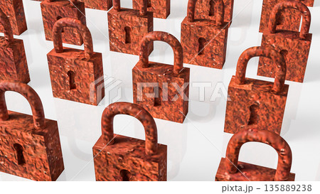 Rows of Rusty Padlocks Representing Old Security and Restriction Concept 3d render. 135889238