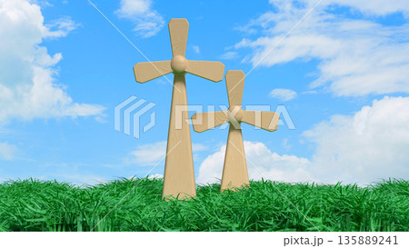 Wooden Wind Turbines in Green Field Under Blue Sky Concept 3d render. Wooden Wind Turbines in Green Field Under Blue Sky Concept 3d render. 135889241