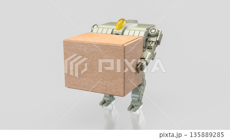 Industrial Robot Carrying Heavy Box Automation Concept Illustration 3d render. Industrial Robot Carrying Heavy Box Automation Concept Illustration 3d render. 135889285
