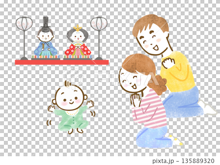 雛人形を飾って初節句を喜ぶ両親と赤ちゃんのイラスト 雛人形を飾って初節句を喜ぶ両親と赤ちゃんのイラスト 135889320