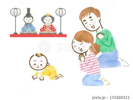 雛人形を飾って初節句を喜ぶ両親と赤ちゃんのイラスト 135889321