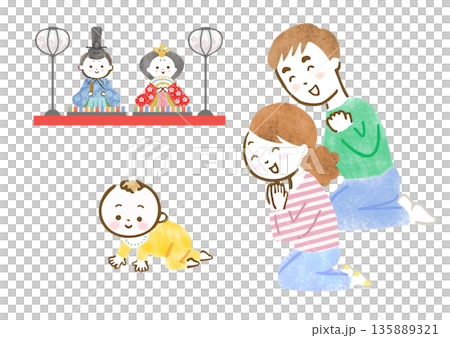 雛人形を飾って初節句を喜ぶ両親と赤ちゃんのイラスト 135889321