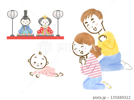 雛人形を飾って初節句を喜ぶ両親と赤ちゃんのイラスト 135889322