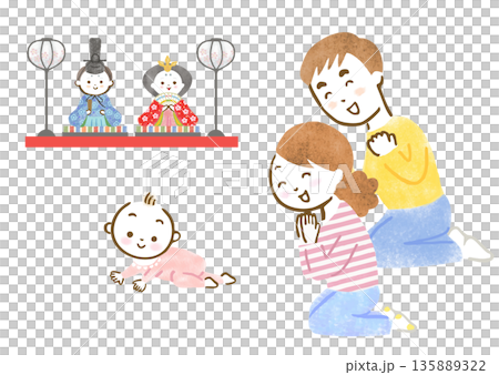 雛人形を飾って初節句を喜ぶ両親と赤ちゃんのイラスト 135889322