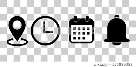 Notification, time, calendar and location icon set on transparent background. Calendar, address location pointer and alarm bell sign. event, date, address, reminder symbol. flat style. Notification, time, calendar and location icon set on transparent background. Calendar, address location pointer and alarm bell sign. event, date, address, reminder symbol. flat style. 135889382