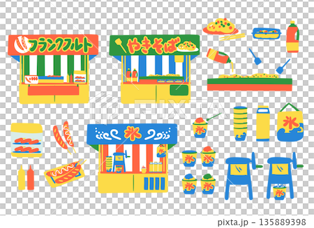 節日美食攤位提供刨冰、法蘭克福香腸和炒麵。 135889398