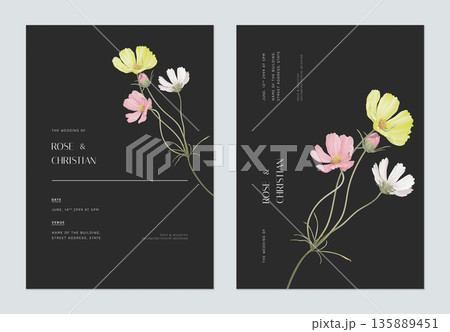 Minimalist floral wedding invitation card template design, various color of cosmos flowers bouquet on dark grey Minimalist floral wedding invitation card template design, various color of cosmos flowers bouquet on dark grey 135889451