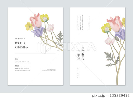 Minimalist floral wedding invitation card template design, various flowers bouquet on white 135889452