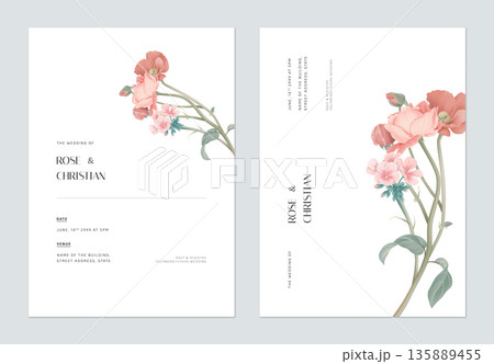 Minimalist floral wedding invitation card template design, various flowers bouquet on white 135889455
