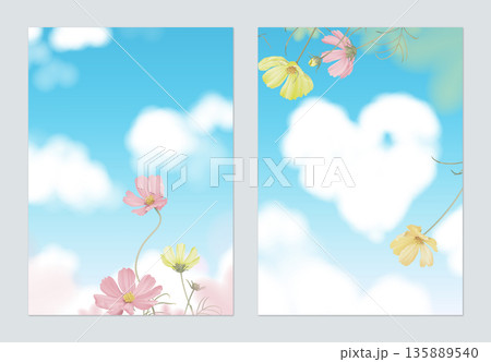 Floral poster template design, pink and yellow cosmos flowers with blue sky and cloud Floral poster template design, pink and yellow cosmos flowers with blue sky and cloud 135889540
