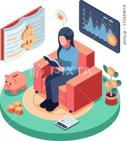 Isometric Woman Learning about Financial Literacy 135889659