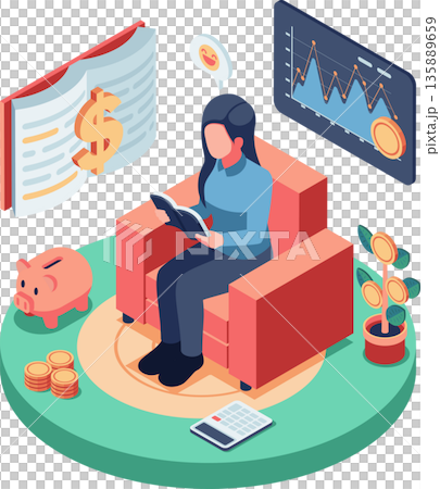 Isometric Woman Learning about Financial Literacy 135889659