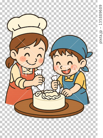 A boy wearing an apron happily making a cake with a female pastry chef 135889689