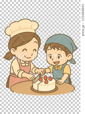 女性のパティシエと一緒に笑顔でケーキを切り分けているエプロンを付けた男の子 135889691