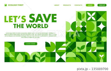 Ecology themed landing page vector template with geometric pattern shapes forming leaves, plants and eco friendly symbols. Encourage environmental protection, renewable energy presentation 135889700
