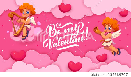 Paper cut Valentine day banner with cherub cupids in pink clouds, cartoon vector. Cheerful cupid cherubs or angels with harp and love hearts in paper cut clouds sky for Be My Valentine greeting quote Paper cut Valentine day banner with cherub cupids in pink clouds, cartoon vector. Cheerful cupid cherubs or angels with harp and love hearts in paper cut clouds sky for Be My Valentine greeting quote 135889707