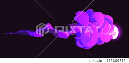 Cartoon magic purple smoke effect. Isolated vector blast with magical fire, glowing energy cloud. Fantasy vfx explosion, game combat element, light burst, trail, dust, sparkle or comic boom attack 135889713