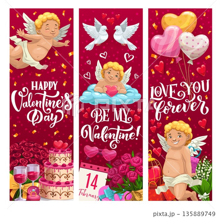 Valentines day banners featuring cherubs, hearts, roses, gifts, doves, love dates, balloons and romantic elements. Vector holiday vertical greeting cards display elegant typography and festive decor 135889749