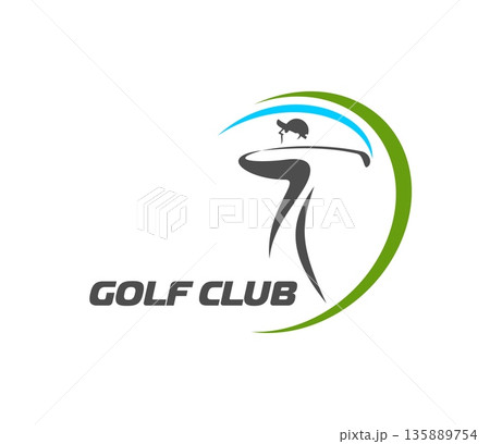 Golf sport club icon or abstract emblem. Sport league graphic vector sign, golf tournament abstract emblem. Golfer club icon or game competition symbol with man player swinging club 135889754