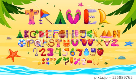 Summer font, travel vacation cartoon typeface letters. Playful beach alphabet abc characters, symbols and and numbers crafted from fruits, swimsuits, beachwear, umbrellas, sandcastles and ocean motifs 135889763