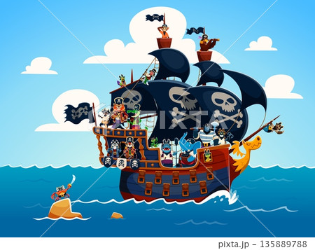 Cartoon animal pirate characters crew aboard on frigate ship with dark sails, flags and lookout towers. Corsair crocodile, elephant warrior, parrot, bear, monkey, tiger and lion, raccoon, hippo, eagle Cartoon animal pirate characters crew aboard on frigate ship with dark sails, flags and lookout towers. Corsair crocodile, elephant warrior, parrot, bear, monkey, tiger and lion, raccoon, hippo, eagle 135889788