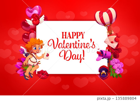 Happy Valentine's day greeting card. Romantic day vector banner, Saint Valentine party greeting card. Love holiday flyer with cupid character, love letter, air balloon and engagement ring, flowers 135889804