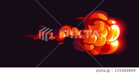 Cartoon magic red smoke effect with bright flame burst. Vector fiery explosion with glowing hot energy and abstract rounded shapes on dark background creating dynamic burning atmosphere 135889809