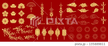 Asian design elements for Chinese, Japanese and Korean oriental ornament pattern, vector decoration. Oriental Asian lunar New Year design elements of lantern and fireworks, bamboo and sakura blossoms Asian design elements for Chinese, Japanese and Korean oriental ornament pattern, vector decoration. Oriental Asian lunar New Year design elements of lantern and fireworks, bamboo and sakura blossoms 135889811