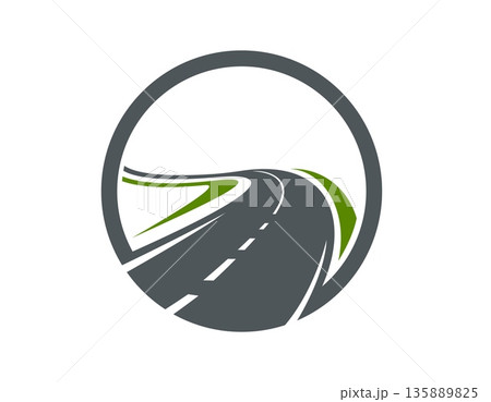 Highway asphalt road icon, pathway route symbol with curved asphalt highway and white dashed lines. Logistics service, navigation app, driving school roadway emblem. Vector travel and journey sign 135889825