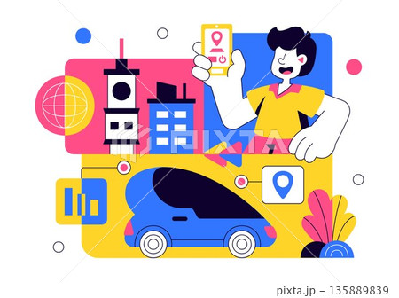 Futuristic Transportation System Vector Illustration Featuring Smart Mobility, Autonomous Vehicles, And Urban Infrastructure With Flat Background 135889839