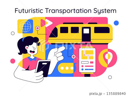 Futuristic Transportation System Vector Illustration Featuring Smart Mobility, Autonomous Vehicles, And Urban Infrastructure With Flat Background 135889840