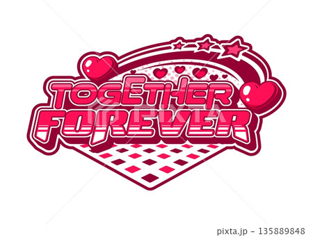 Valentine's day red Y2K streetwear together forever icon. Romantic brand typography funky emblem, romance streetwear text retro isolated vector label element. Love apparel futuristic print or icon 135889848