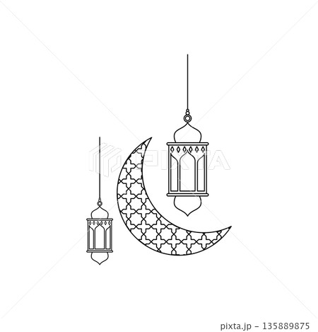 Two lanterns and a crescent moon icon 135889875