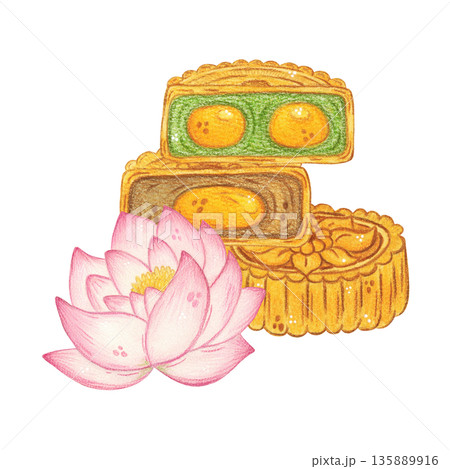 Lotus flower and a stack of moon cookies. Hand-drawn watercolor illustration, cartoon. Design for stickers, posters, cards, scrapbooking. Mid-Autumn Day, holiday, Asia, food, sweets, treat, traditions Lotus flower and a stack of moon cookies. Hand-drawn watercolor illustration, cartoon. Design for stickers, posters, cards, scrapbooking. Mid-Autumn Day, holiday, Asia, food, sweets, treat, traditions 135889916