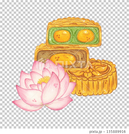 Lotus flower and a stack of moon cookies. Hand-drawn watercolor illustration, cartoon. Design for stickers, posters, cards, scrapbooking. Mid-Autumn Day, holiday, Asia, food, sweets, treat, traditions Lotus flower and a stack of moon cookies. Hand-drawn watercolor illustration, cartoon. Design for stickers, posters, cards, scrapbooking. Mid-Autumn Day, holiday, Asia, food, sweets, treat, traditions 135889916